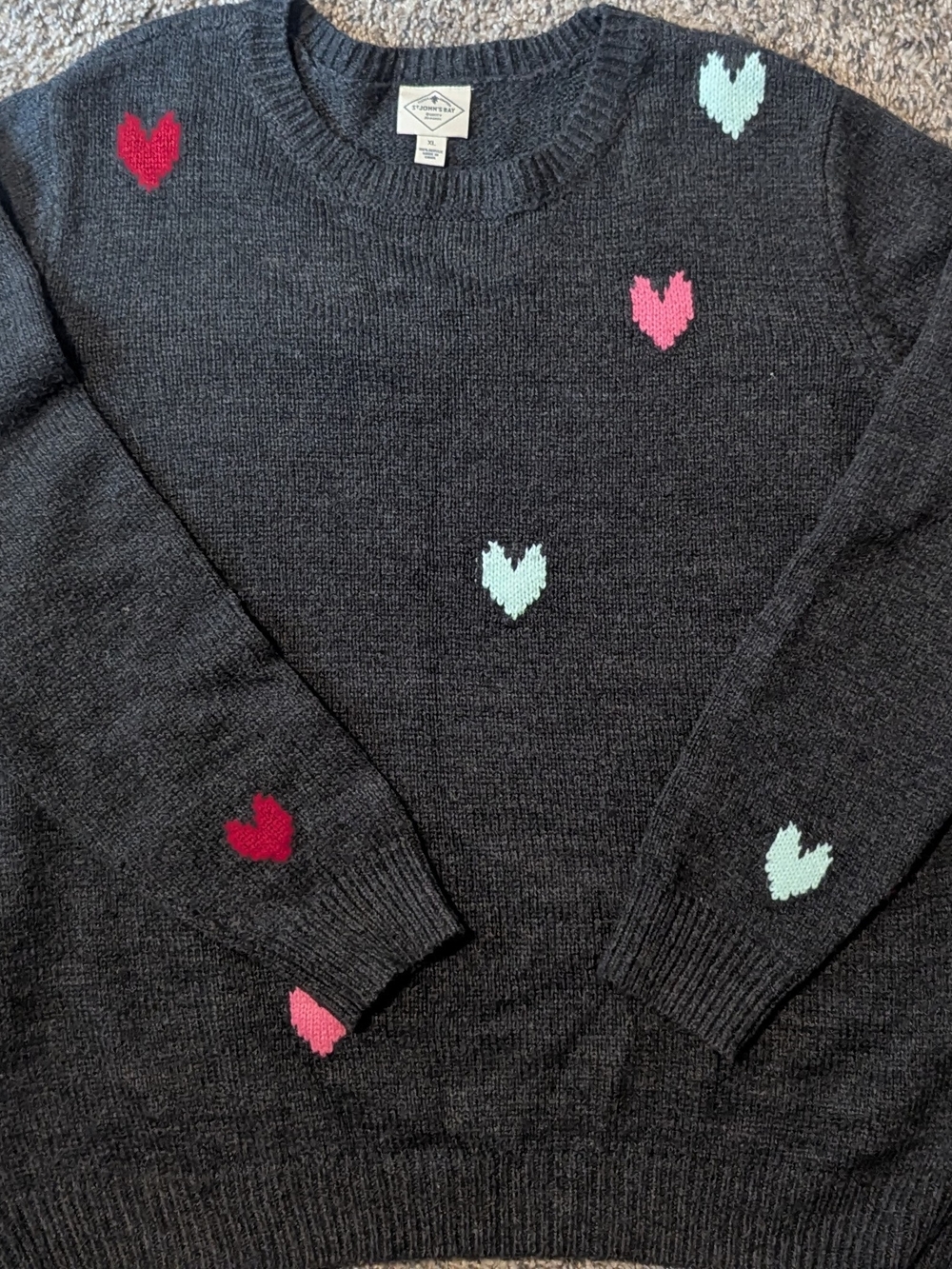 St. John’s Bay Charcoal Crewneck Sweater with Pink, Red and Light Teal Hearts